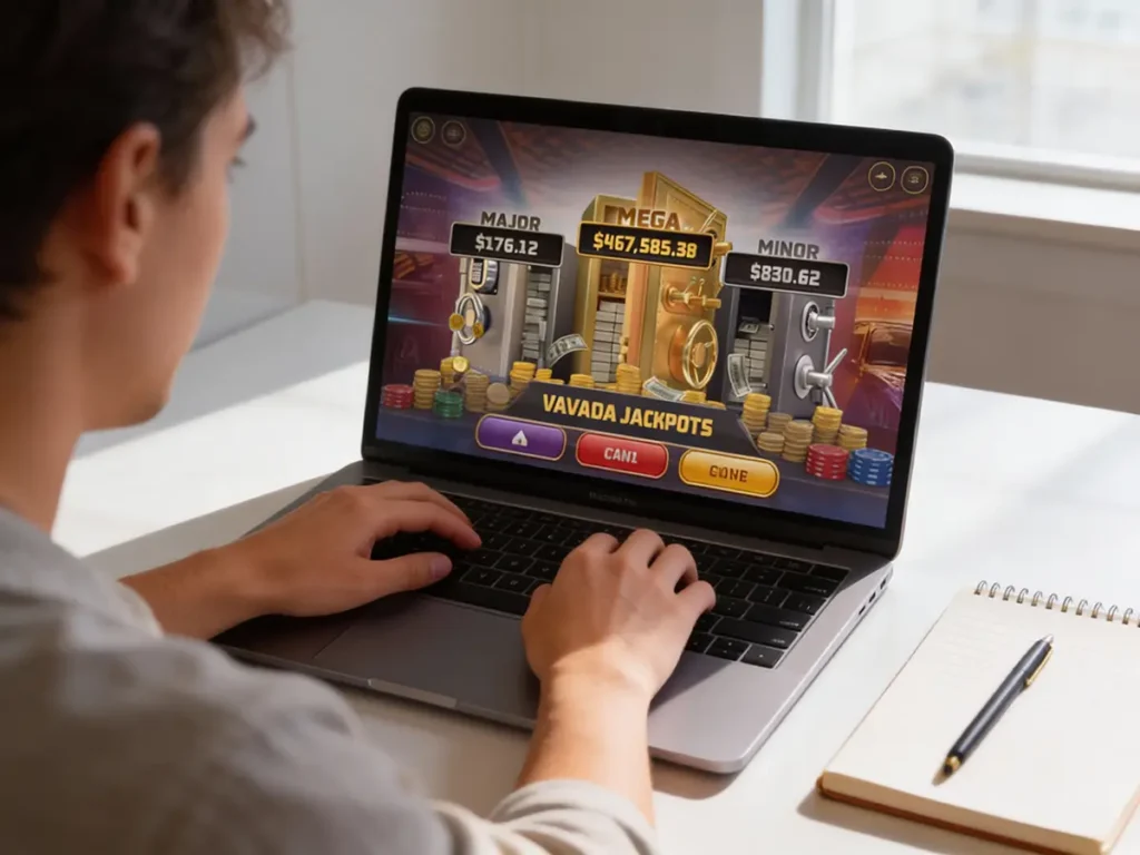 Person using a laptop to explore an online casino platform, reviewing jackpots and user interface